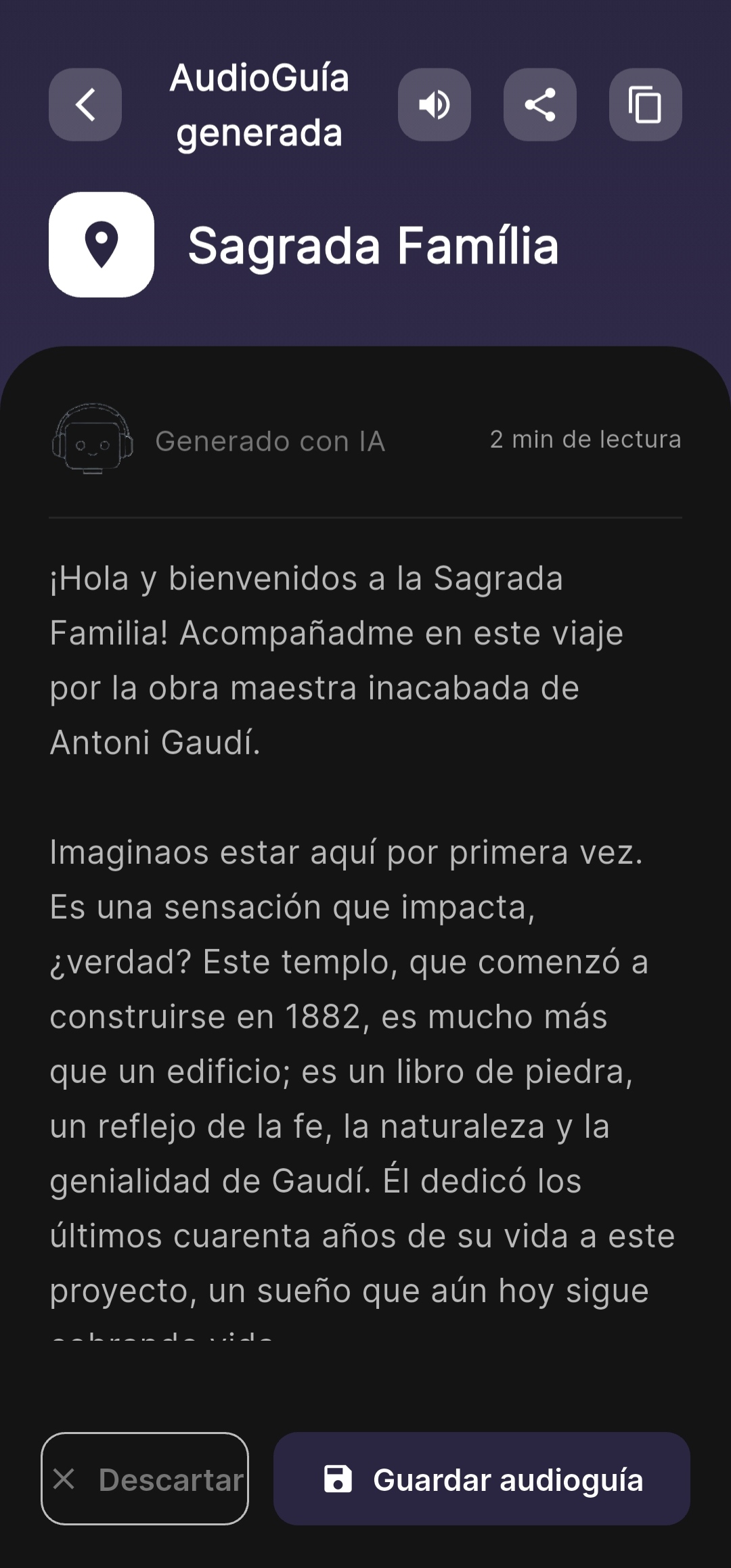 Audioguía de la Sagrada Família generada por IA, lista para escuchar o guardar